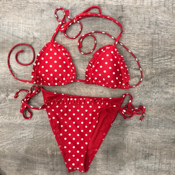 Forever 21 Other - Ruffle Trim Red White Polka Dot String Bikini